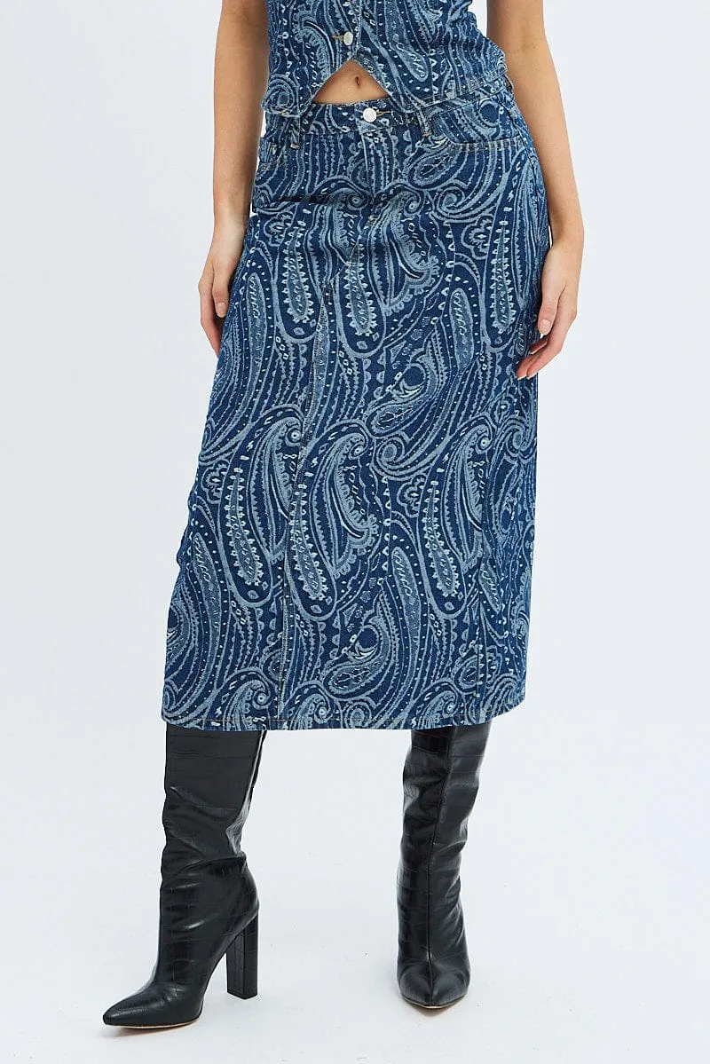 Denim Midi Skirt Mid Rise Straight Fit Paisley Denim Natural Mood