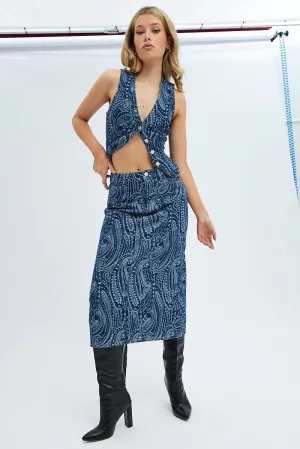 Dust Proof Fabric Leather Look Denim Midi Skirt Mid Rise Straight Fit Paisley Denim
