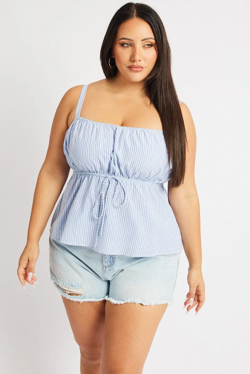 Blue Stripe Cami Top Sleeveless Stripe Front Tie Dream Feel