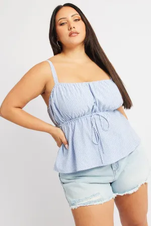 Blue Stripe Cami Top Sleeveless Stripe Front Tie Carry Ease BreathableLining