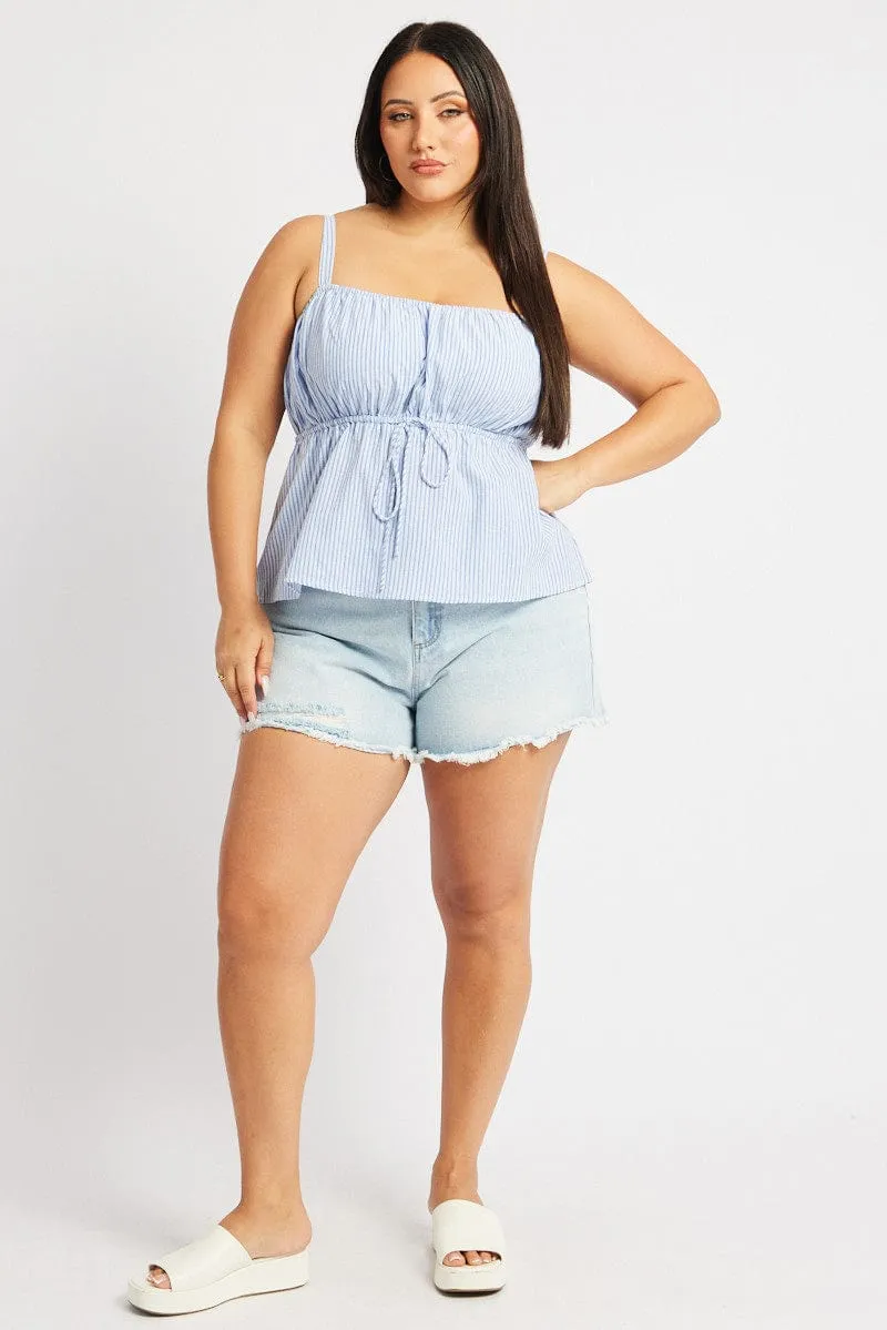 Blue Stripe Cami Top Sleeveless Stripe Front Tie MachineWashable