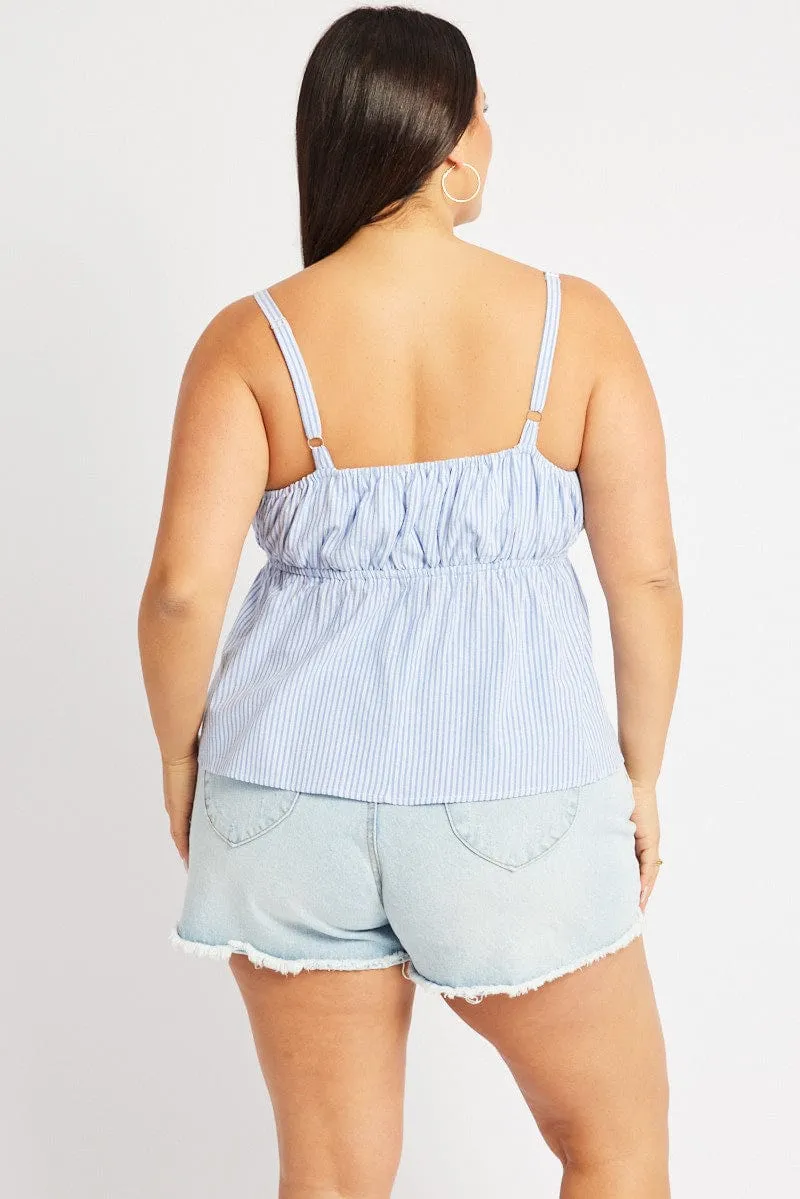 Blue Stripe Cami Top Sleeveless Stripe Front Tie Recycled Fit HypoallergenicYarn