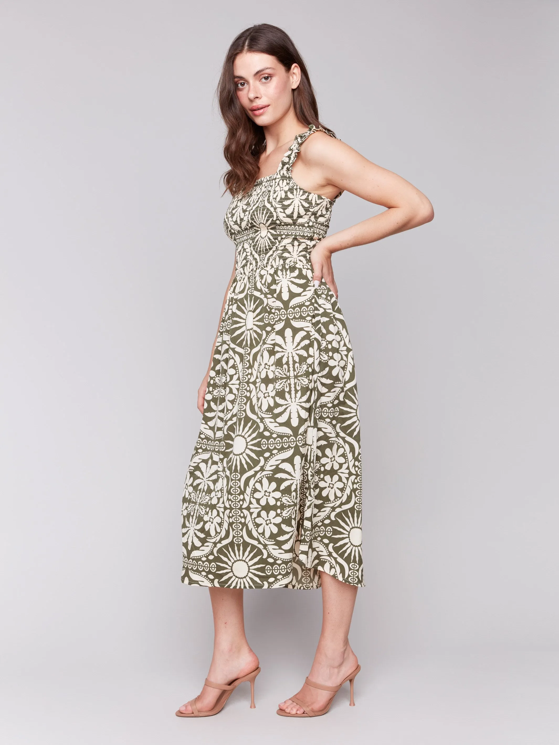 Printed Sleeveless Midi Dress with Shirring Detail - Celadon WrinkleFree Fabric Style Mood