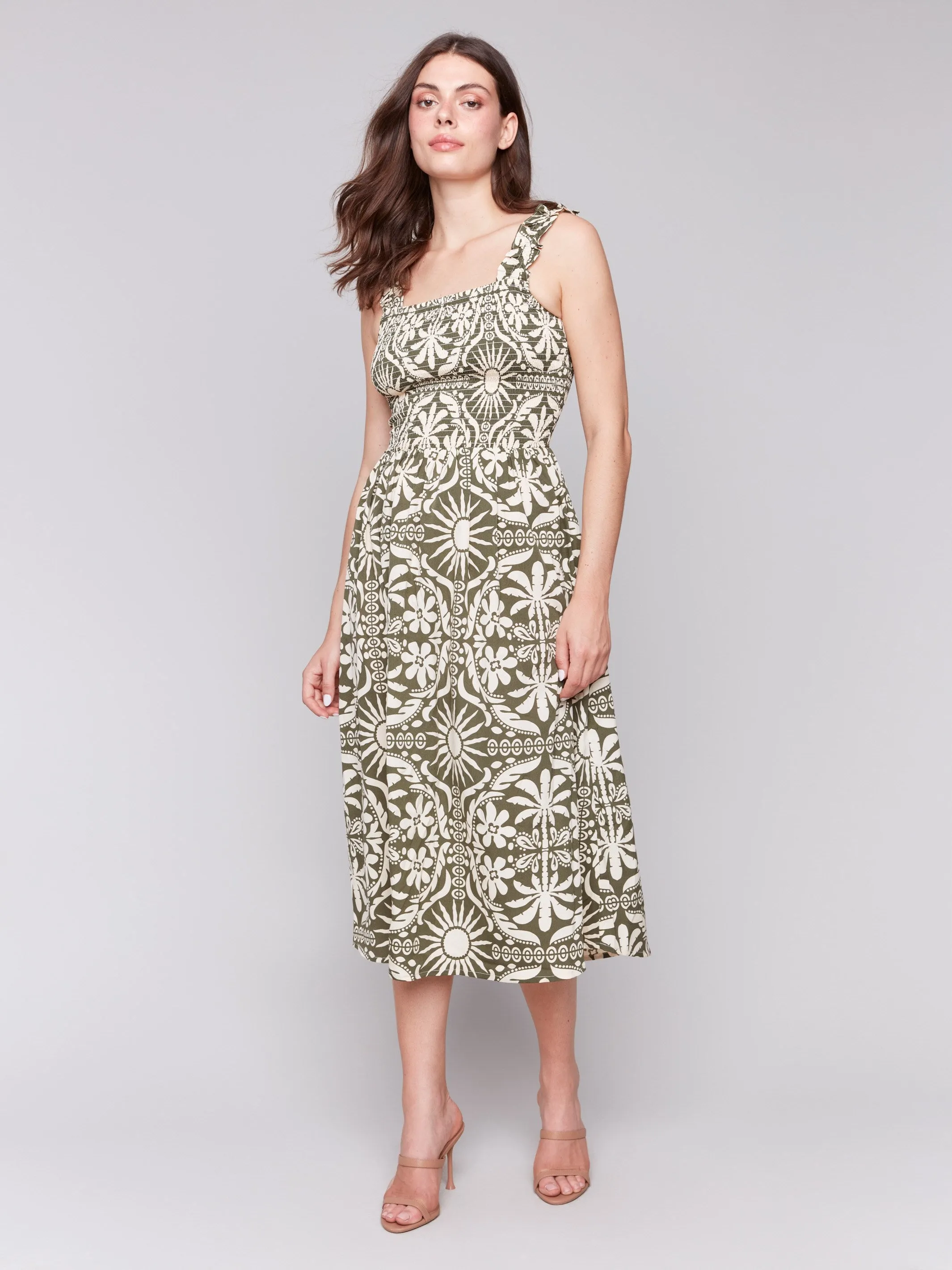 Printed Sleeveless Midi Dress with Shirring Detail - Celadon NonIrritating Wonder Core