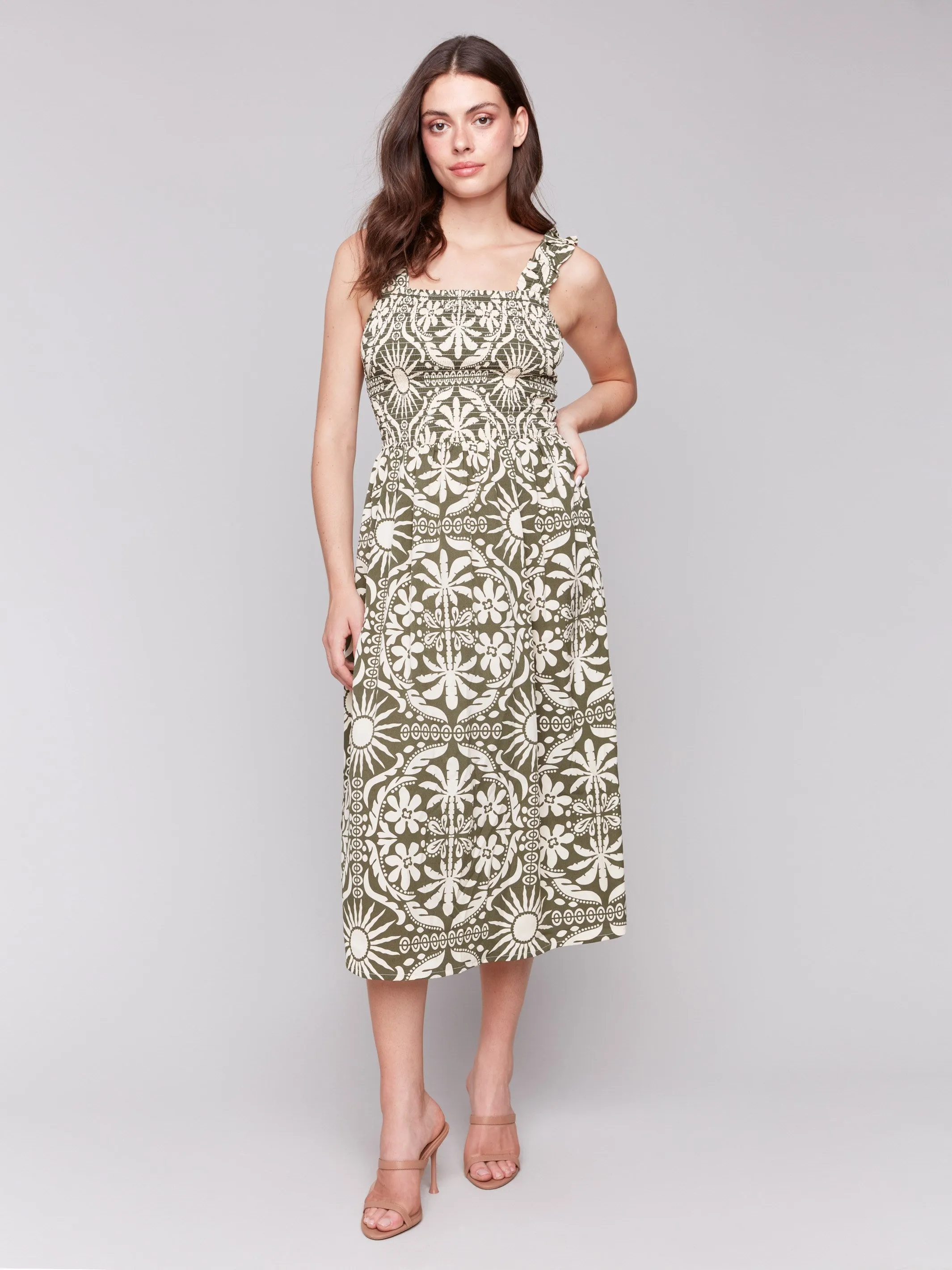 Printed Sleeveless Midi Dress with Shirring Detail - Celadon FlexibleWaistband