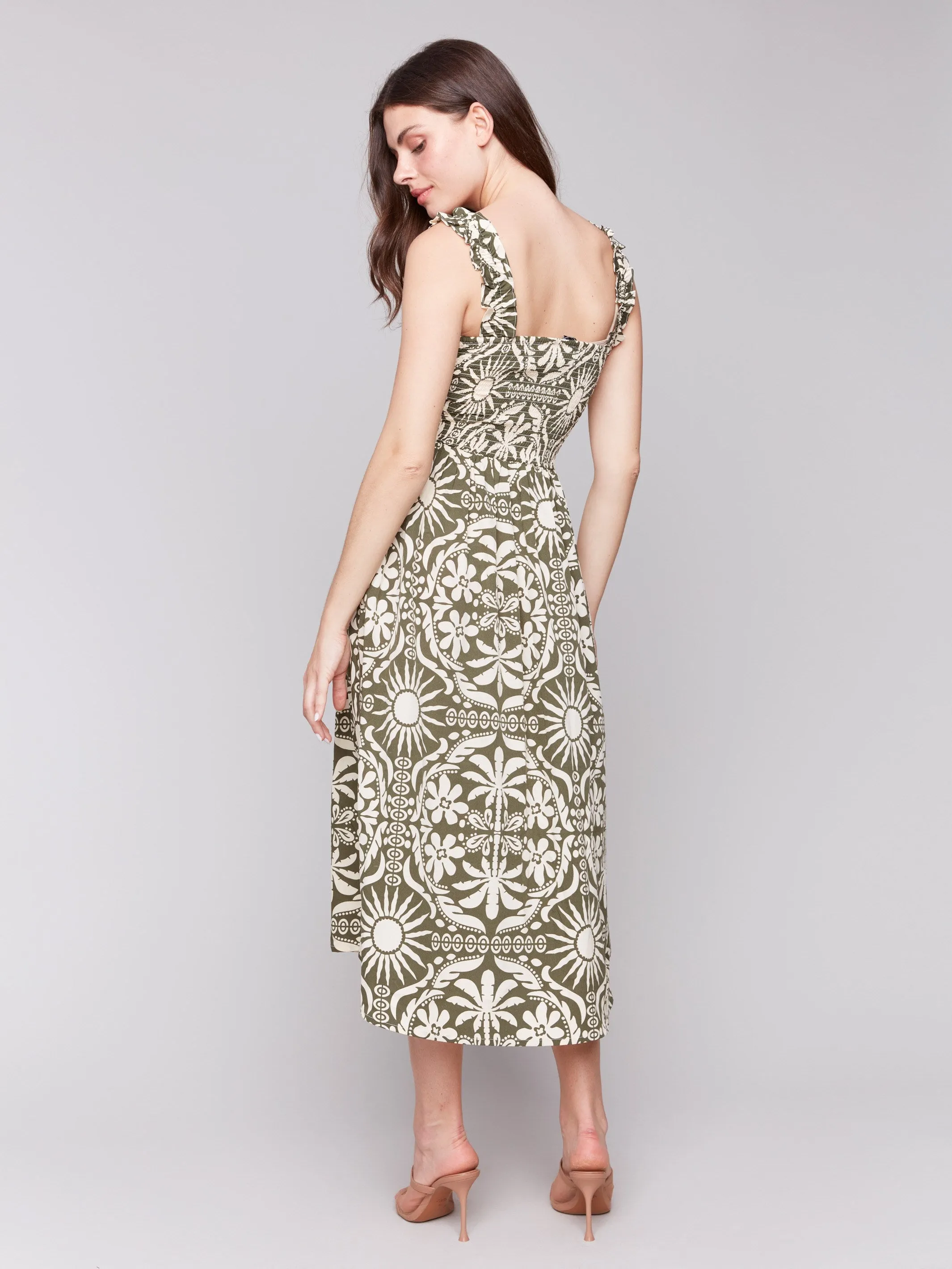 Ocean Air FadeResistantColors Printed Sleeveless Midi Dress with Shirring Detail - Celadon