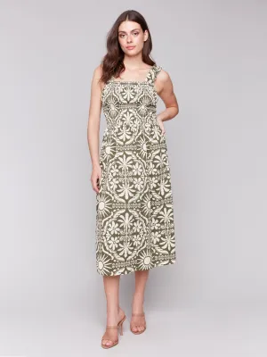 Printed Sleeveless Midi Dress with Shirring Detail - Celadon FlexibleWaistband