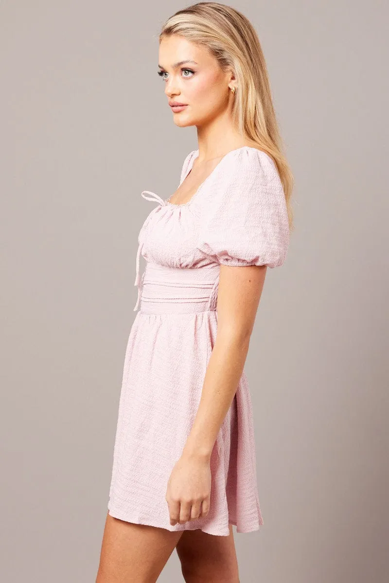 Pink Fit And Flare Dress Puff Sleeve Casual Look FourWayStretch
