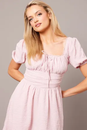 Pink Fit And Flare Dress Puff Sleeve Desk Style Layer Safe