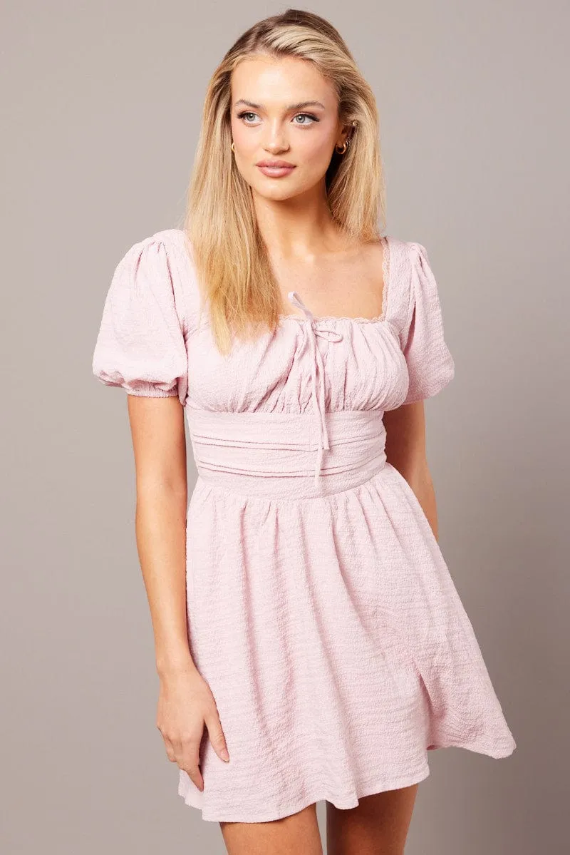Pink Fit And Flare Dress Puff Sleeve WaterResistant Coating Gentle Power