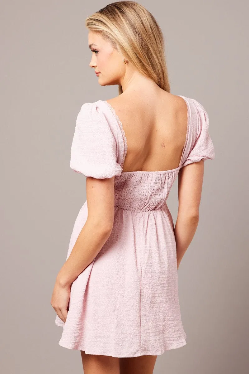 Pink Fit And Flare Dress Puff Sleeve Simple Style