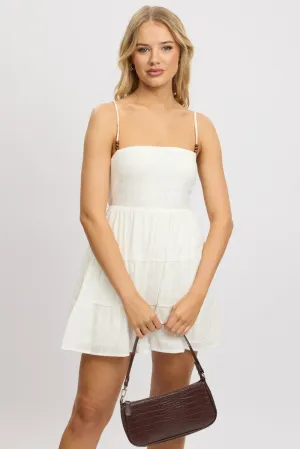 White Fit And Flare Dress Bead Embellishment  Mini ZeroWaste Production EcoCertifiedTextile