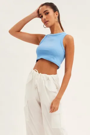Adjustable Drawcord Blue Tank Top Sleeveless Crew Neck