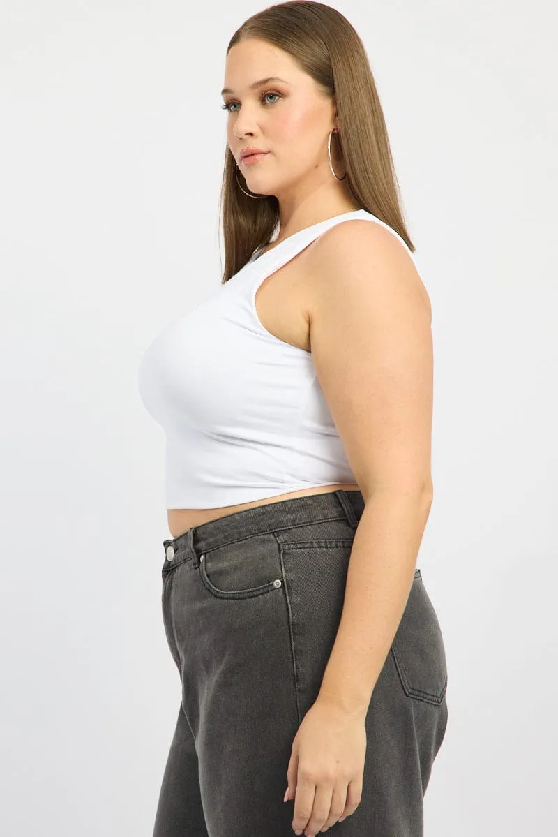 White Tank Top Crew Neck Sleeveless Cotton Crop Open Glow