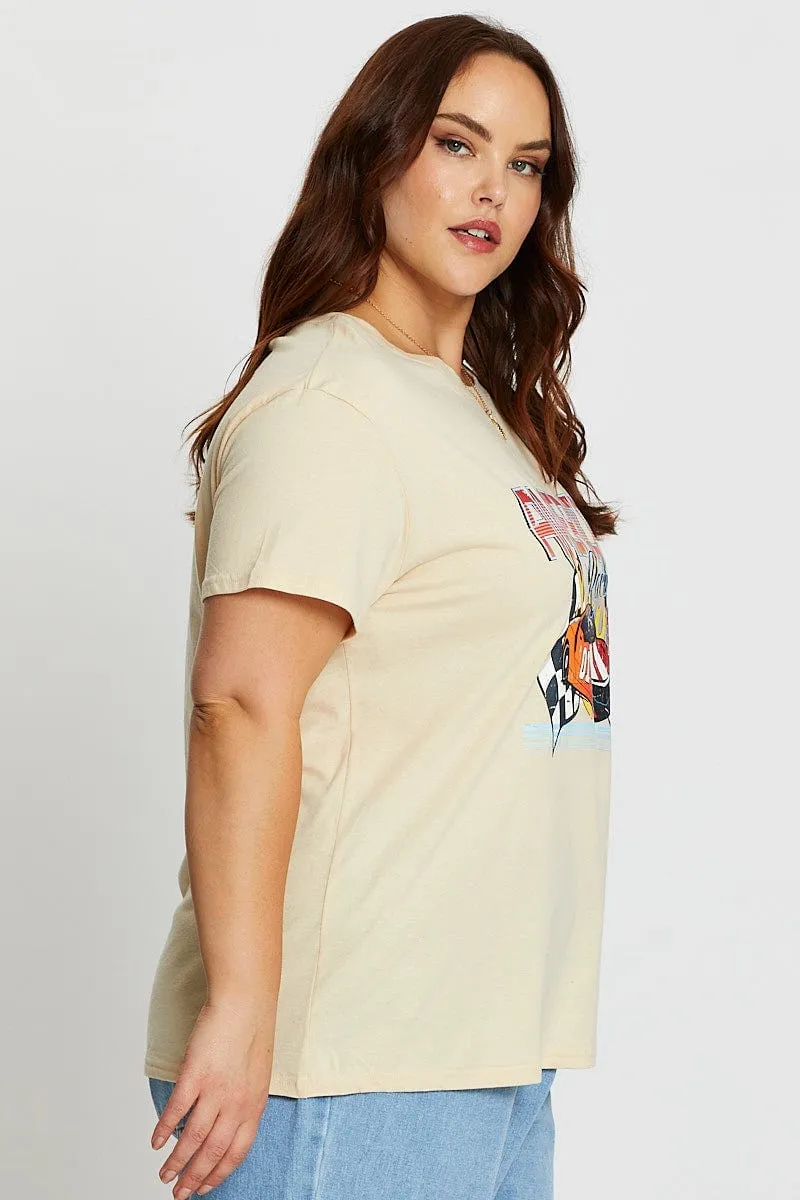 Beige Short Sleeve American Racing Regular Sand T-shirt Chilly Layer athletic style