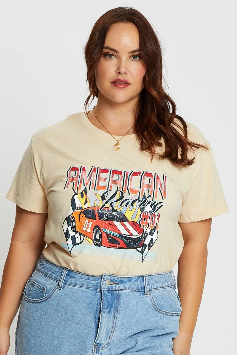 Beige Short Sleeve American Racing Regular Sand T-shirt Loose Fit Comfortable And Versatile
