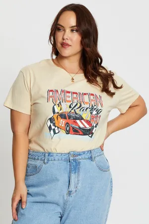 Beige Short Sleeve American Racing Regular Sand T-shirt RibbedNeckBanding Soft and Lightweight