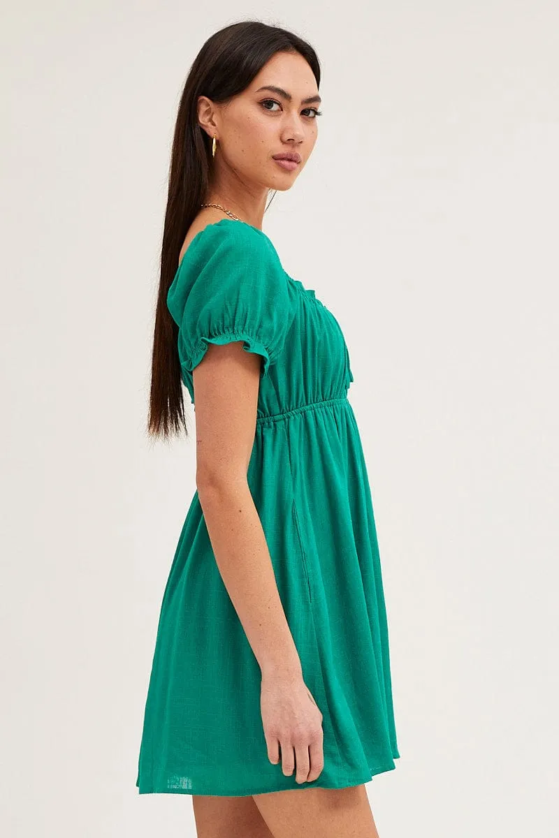 Green Gathered Bust Puff Sleeve Skater Dress Code Soul