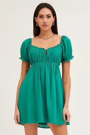 Mind Glow Zoom Proper Green Gathered Bust Puff Sleeve Skater Dress