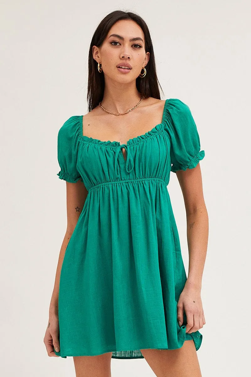 Green Gathered Bust Puff Sleeve Skater Dress Reflective Safety Accents