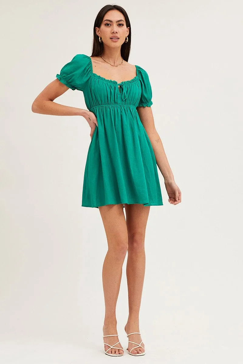 Green Gathered Bust Puff Sleeve Skater Dress NonRestrictive Design AntibacterialFinish
