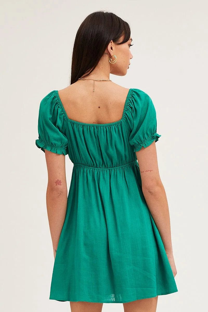 Street Glow Green Gathered Bust Puff Sleeve Skater Dress