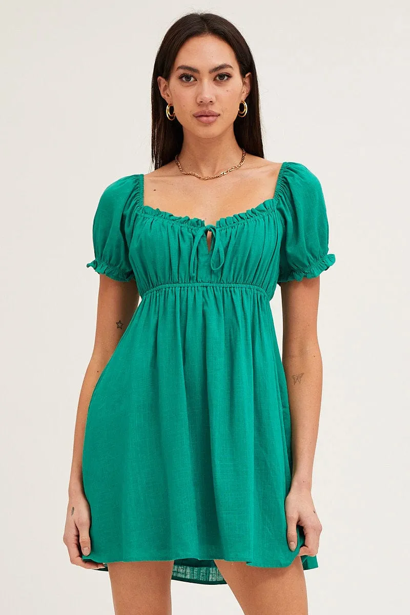 Mind Glow Zoom Proper Green Gathered Bust Puff Sleeve Skater Dress