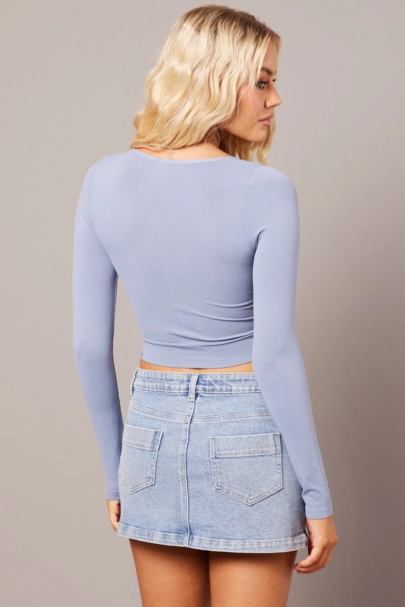 Rugged shoes Picnic Fun Blue Top Seamless Long Sleeve V Neck Cropped
