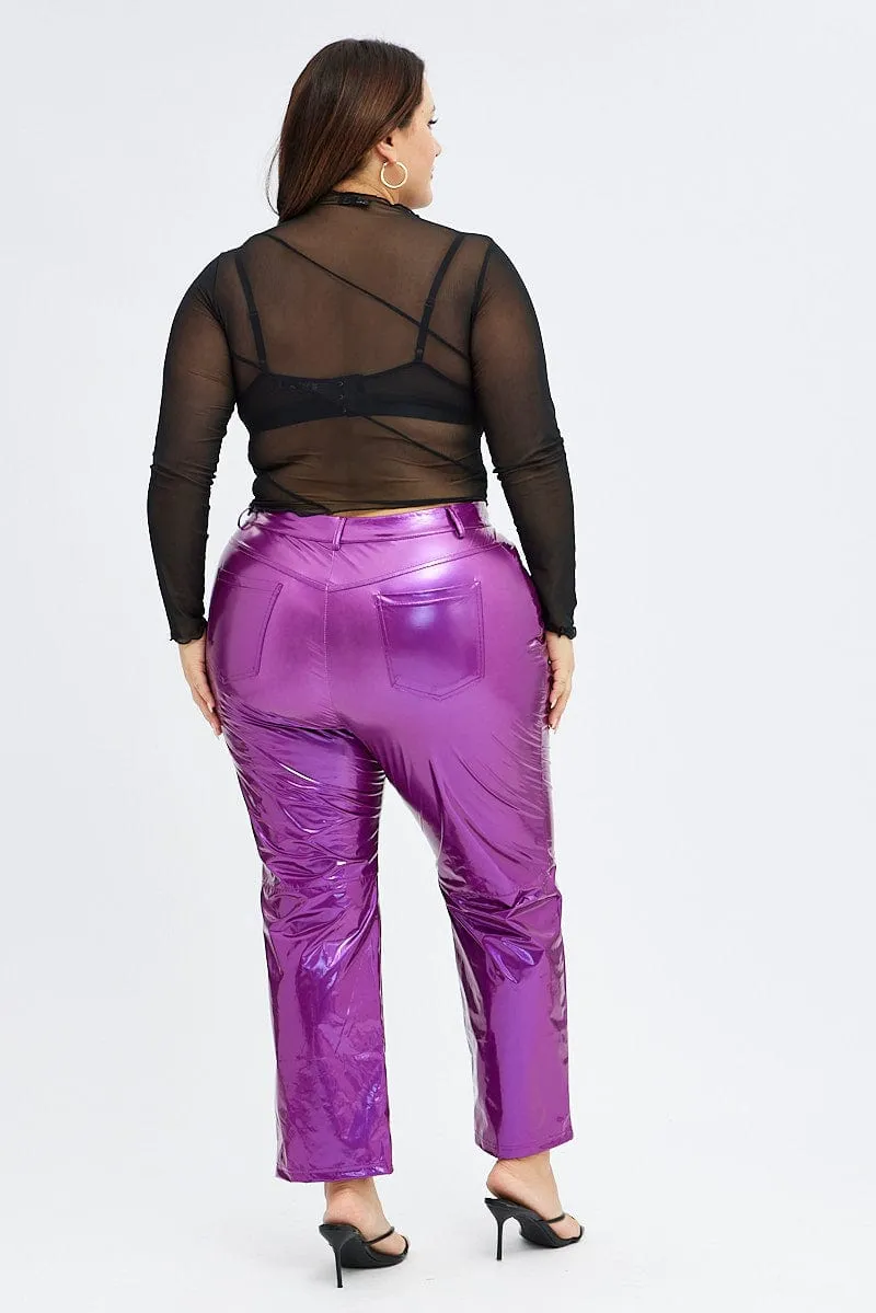 Flatlock Seams Flexible Gusset Design Purple Faux Leather Pants High Button Waist Wide Leg