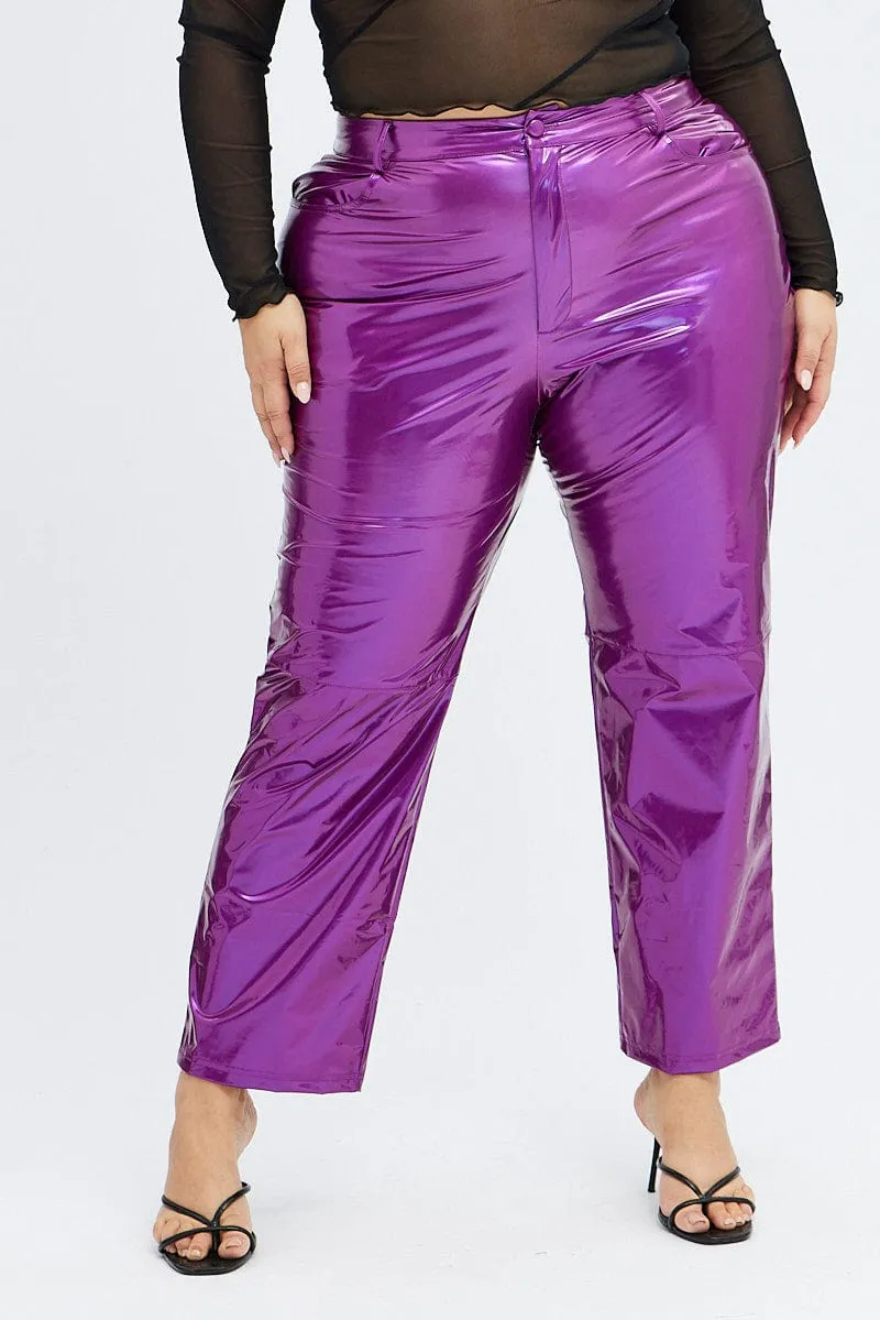 No Ride Up Purple Faux Leather Pants High Button Waist Wide Leg