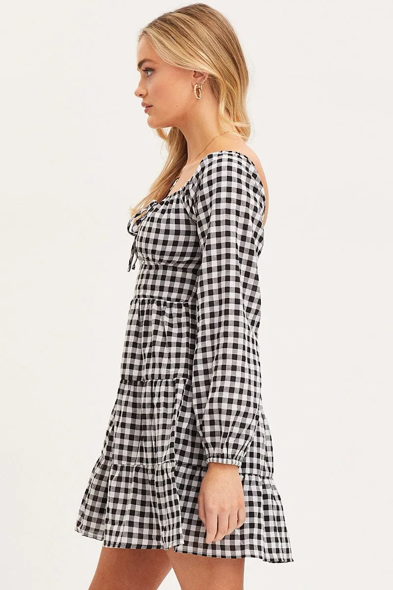 Check Fit And Flare Dress Long Sleeve Square Neck Travel Light OdorControl Treatment