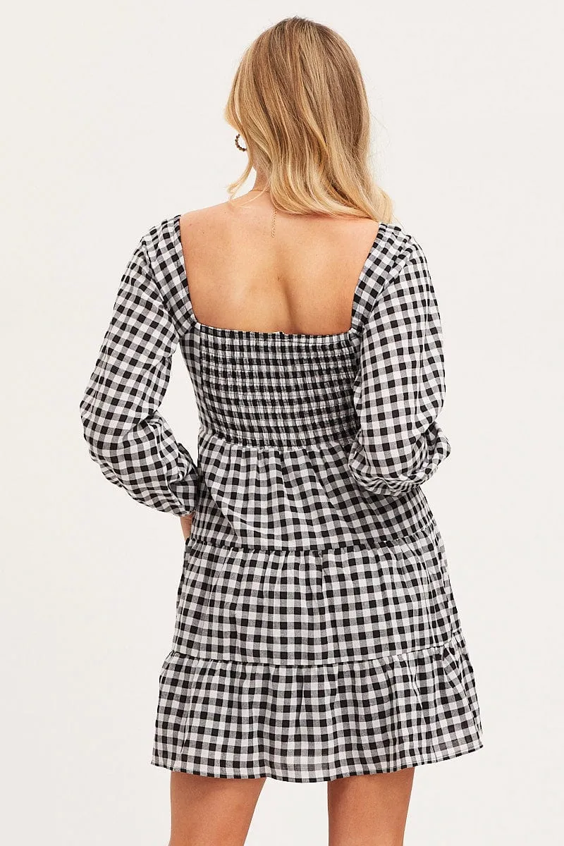 Hygienic Finish Casual Shirt Check Fit And Flare Dress Long Sleeve Square Neck