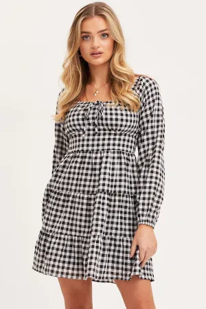 Casual dress Check Fit And Flare Dress Long Sleeve Square Neck
