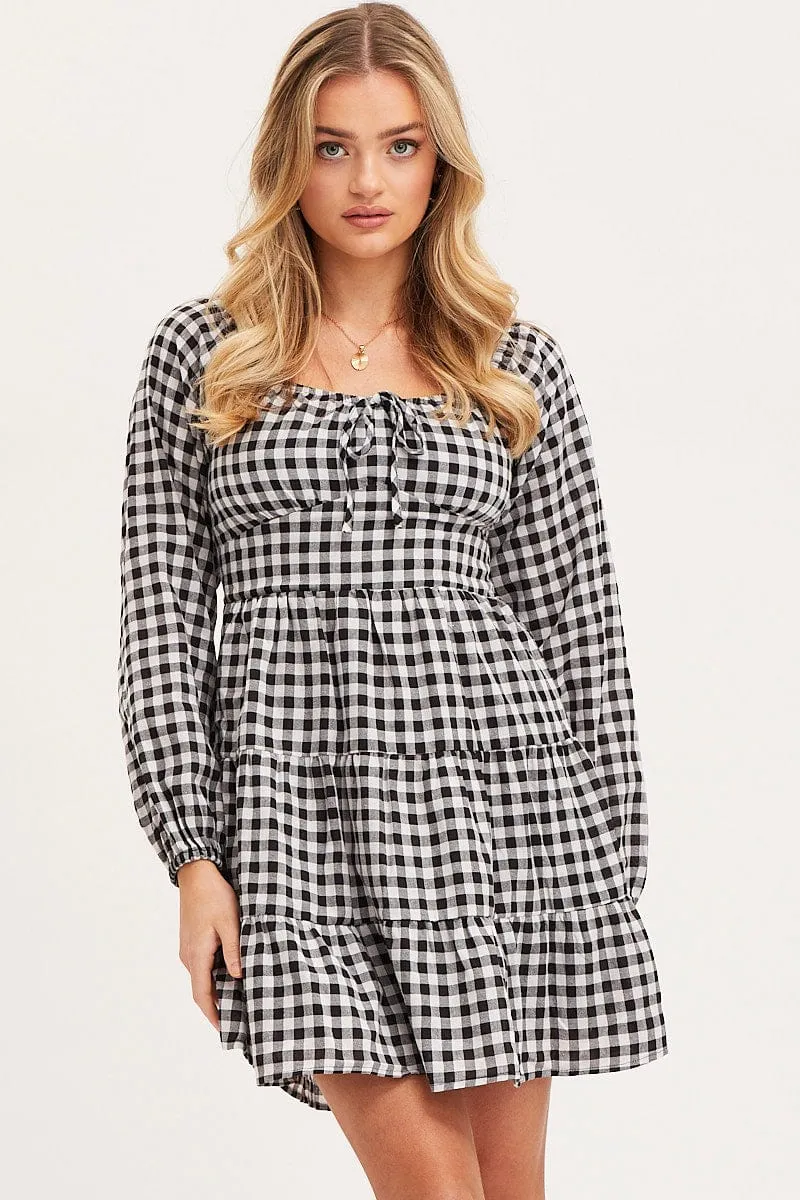 Lake Glow Check Fit And Flare Dress Long Sleeve Square Neck