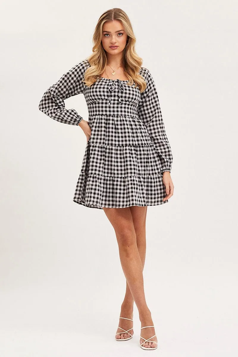 Check Fit And Flare Dress Long Sleeve Square Neck Tech Edge EcoFriendly Textiles