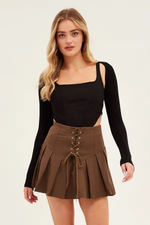 Water Resistant Fast fashion Brown Tie Front Tennis Mini Skirt