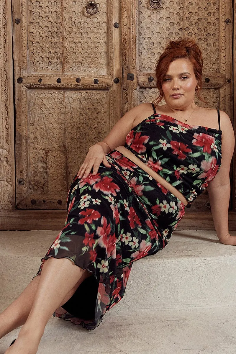 Black Floral Straight Mesh Long Skirt Figure Flattering