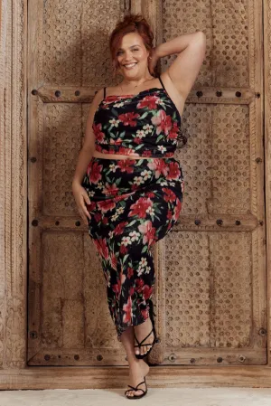 Everyday Vibe Photoshoot Ready Black Floral Straight Mesh Long Skirt