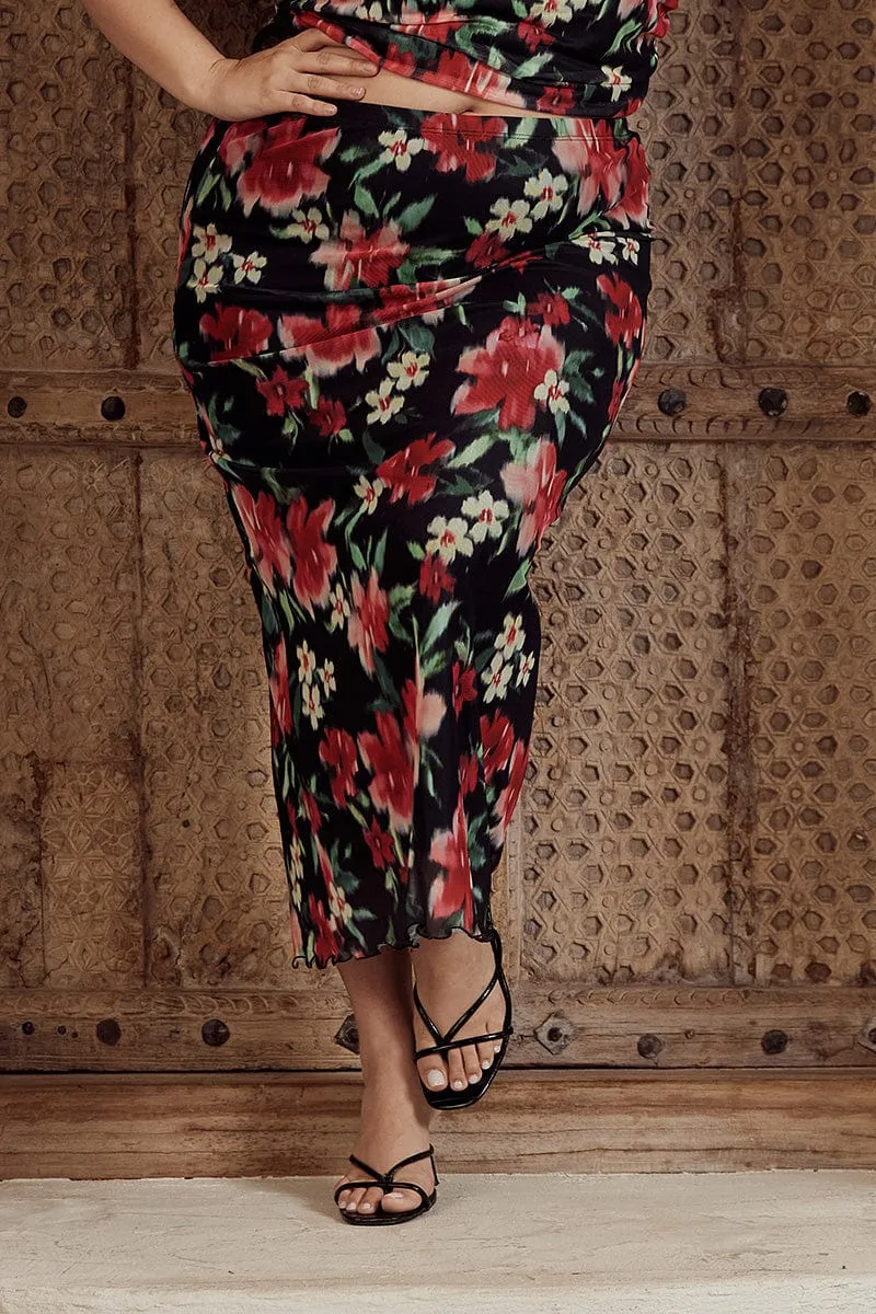 Black Floral Straight Mesh Long Skirt Balanced Outfit