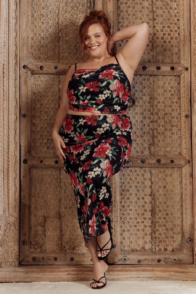 Everyday Vibe Photoshoot Ready Black Floral Straight Mesh Long Skirt