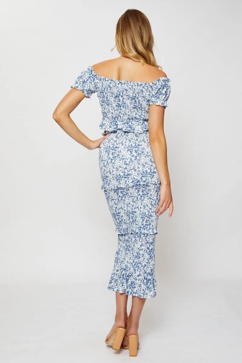 light feel Print Smocking Pencil Midi Skirt