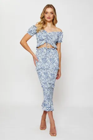 Print Smocking Pencil Midi Skirt Neutral Tone Festival Outfit