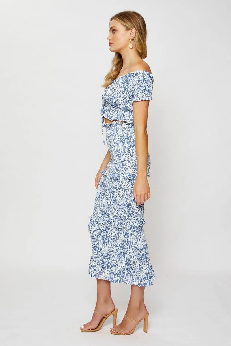 Subtle Detail Pleated Construction Print Smocking Pencil Midi Skirt