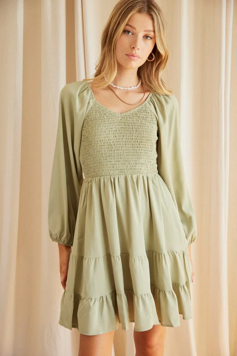 Smart Look Green Shirred Dress Long Sleeve Mini