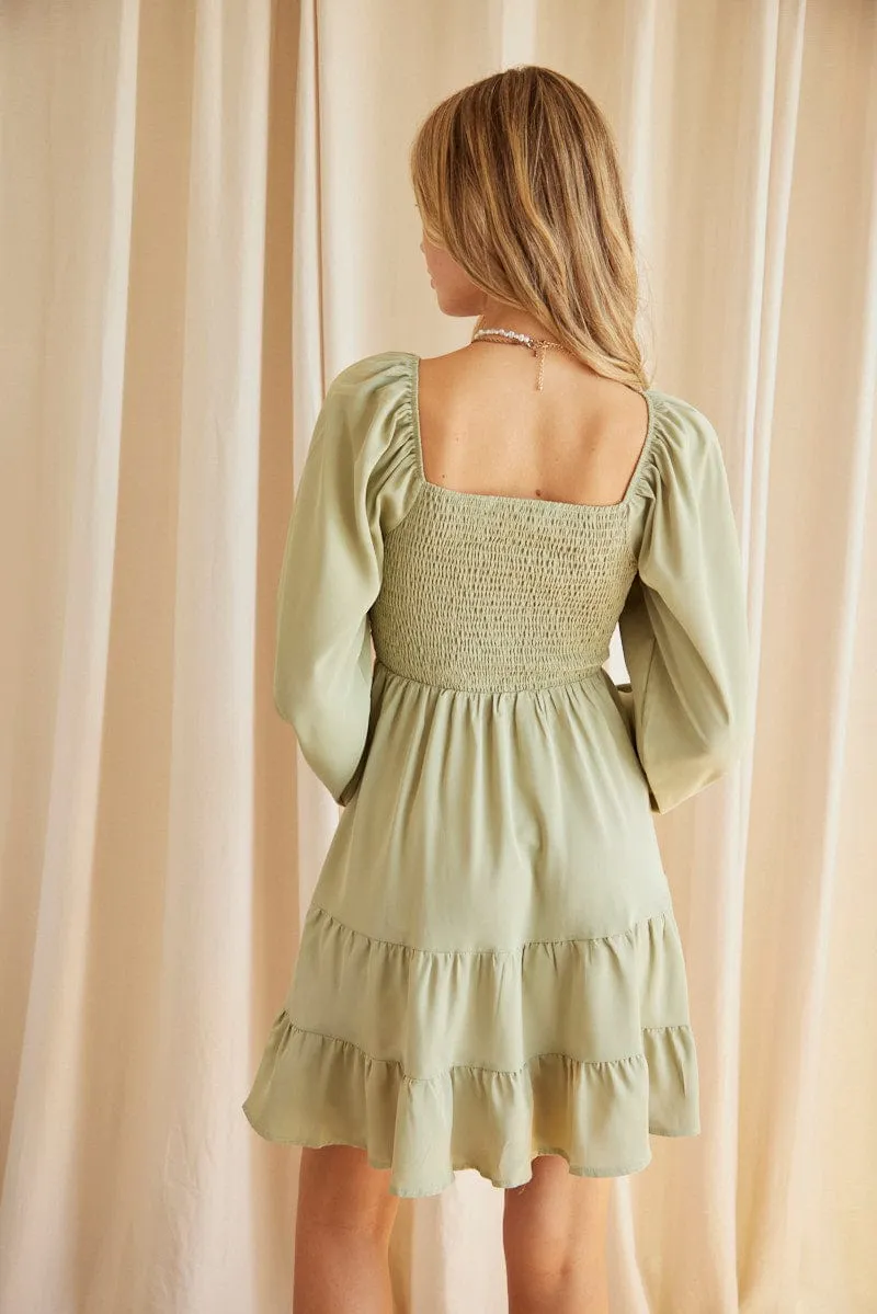 Trendy Top Green Shirred Dress Long Sleeve Mini