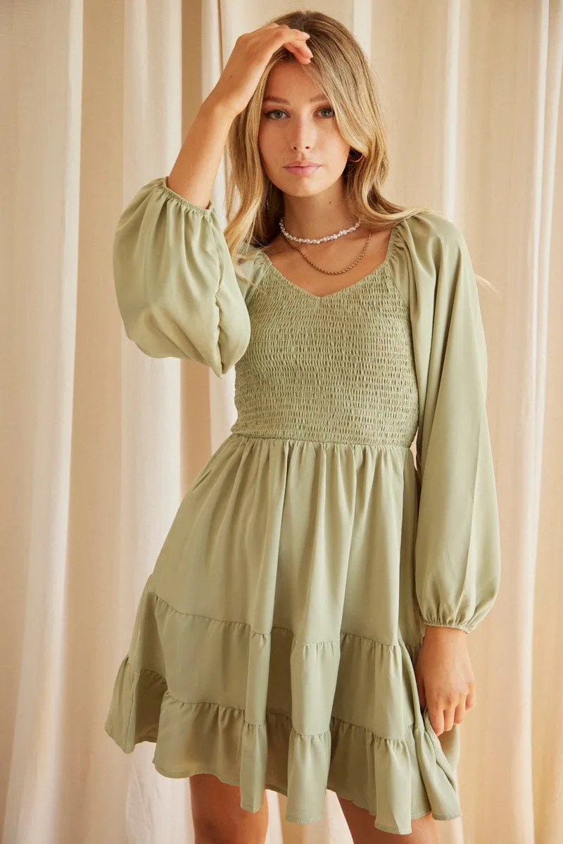 Green Shirred Dress Long Sleeve Mini FrictionResistantEdges Cool Glow