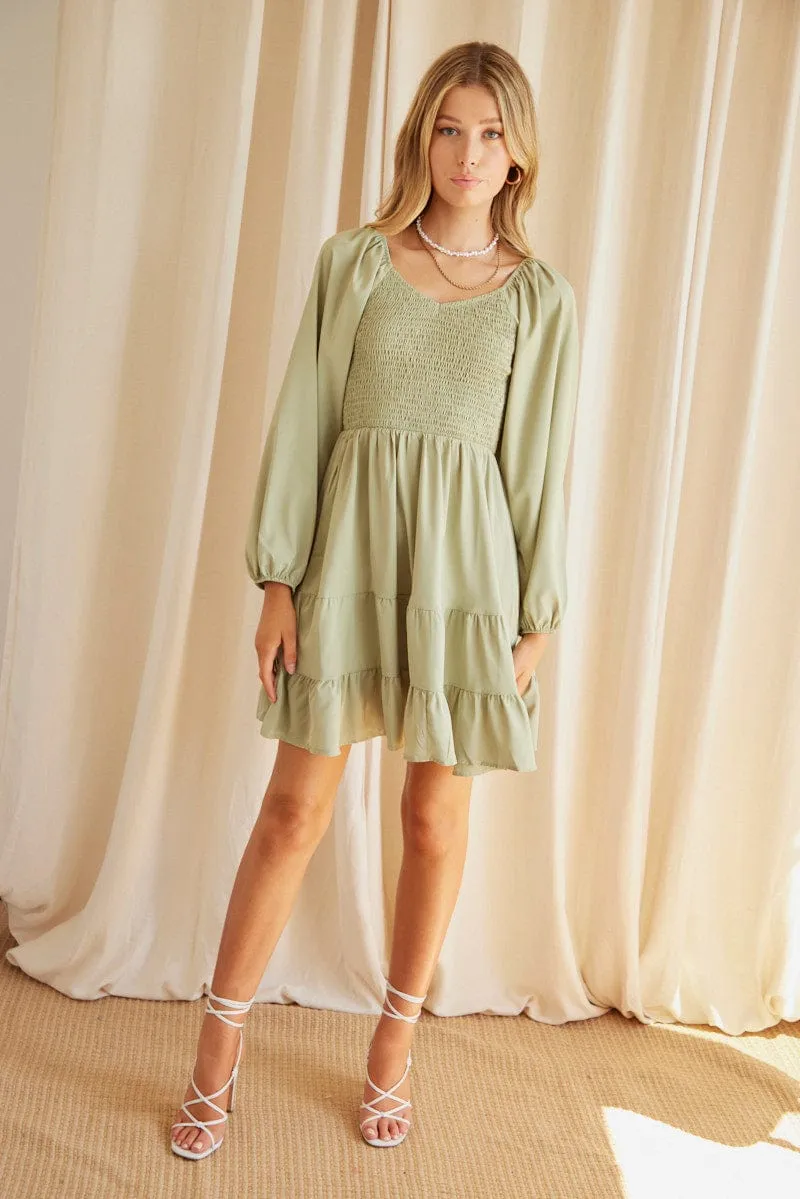 Green Shirred Dress Long Sleeve Mini AbrasionResistant Material Lightweight Composite