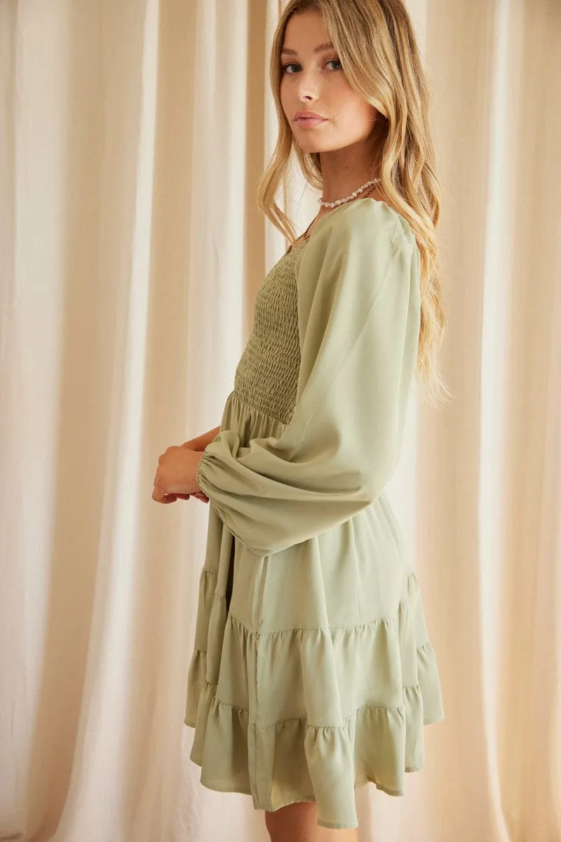Green Shirred Dress Long Sleeve Mini Winter Essential sporty wear