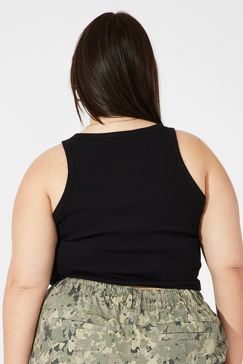 Black Graphic Tank Top Crew Neck Office Attire Summer Outerwear
