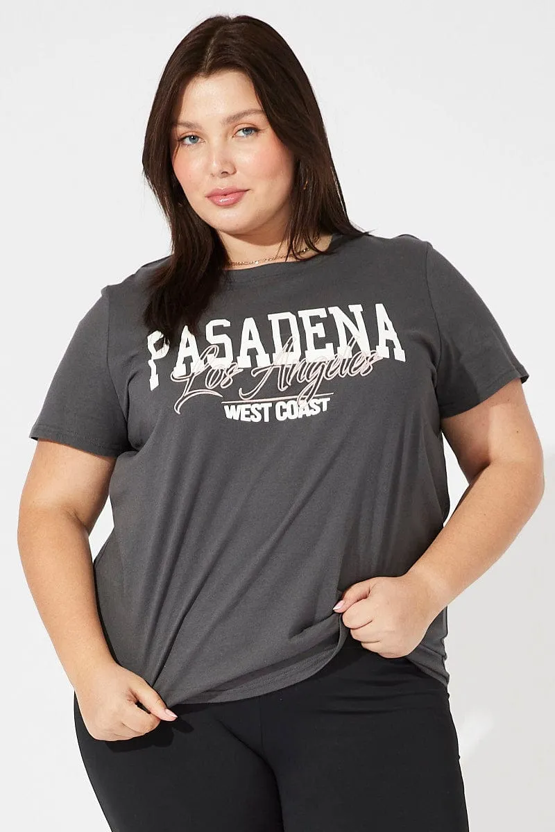 loose but not baggy Layered Hem Detail Grey Graphic T-shirt Short Sleeve Crew Neck Cropped